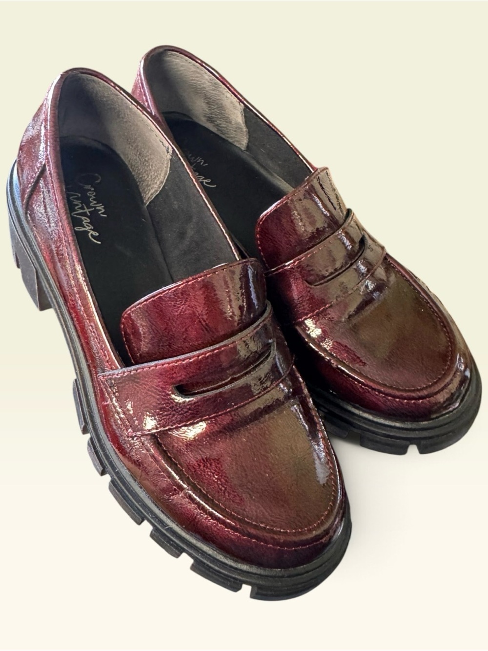 Crown Vintage Burgundy Patent Loafers with Lug Sole Size 6